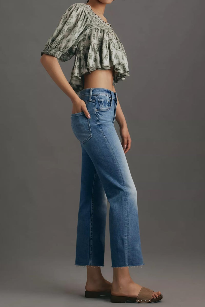 Allimy Jeans for Women Capri High Waisted Straight Leg Stretchy Tummy Control Cropped Jeans Petite Denim Pants Trendy Size 12 Blue - Image 3