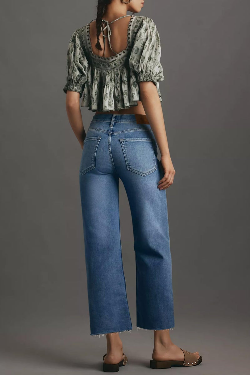 Allimy Jeans for Women Capri High Waisted Straight Leg Stretchy Tummy Control Cropped Jeans Petite Denim Pants Trendy Size 12 Blue - Image 4