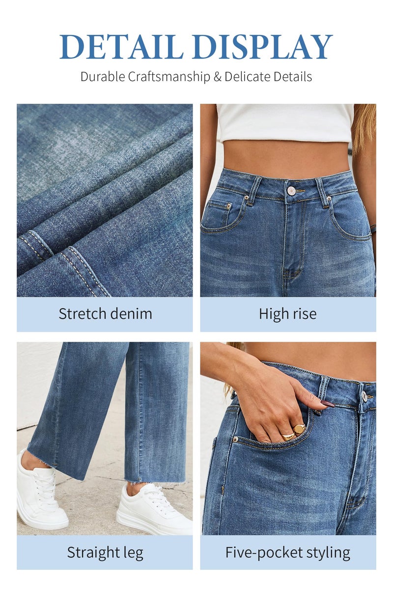 Allimy Jeans for Women Capri High Waisted Straight Leg Stretchy Tummy Control Cropped Jeans Petite Denim Pants Trendy Size 12 Blue - Image 5
