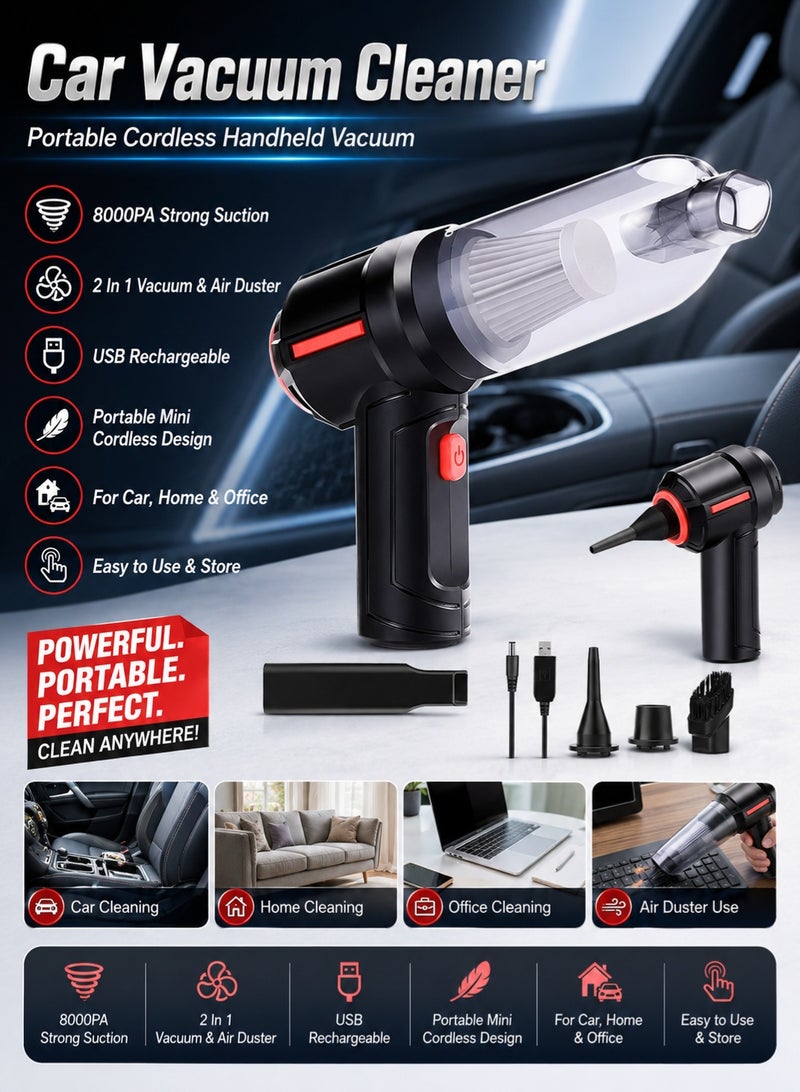 Car Vacuum Cleaner, 8000PA Vacuum Cleaner with Strong Suction Power, 2 In 1 Vacuum & Air Duster, USB Charge, Portable Mini Cordless Handheld Vacuum Cleaner for Car, Home, Office