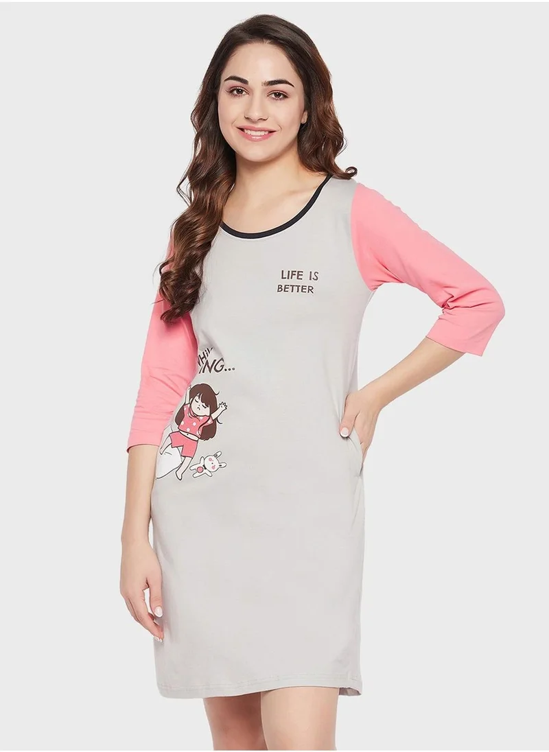 Clovia Printed Crew Neck Nightdress