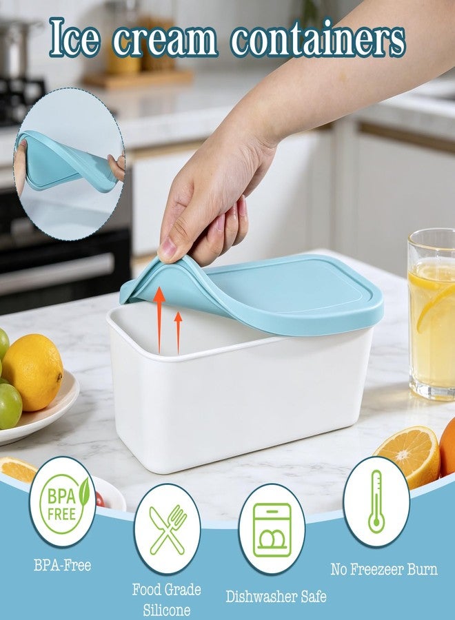 CHLJAR Ice Cream Containers Set of 2, 2Qt Reusable Freezer Storage for Homemade Ice Cream Tub for Sorbet, Frozen Yogurt Flexible Silicone Lids, Stackable - Light Blue & Purple - Image 3