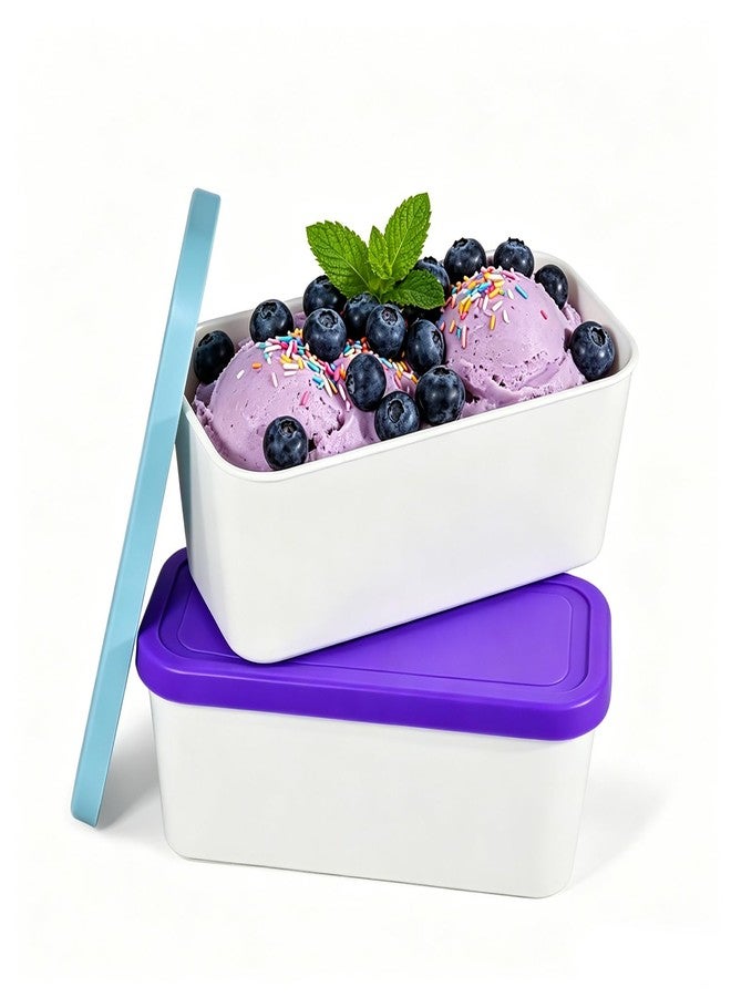 CHLJAR Ice Cream Containers Set of 2, 2Qt Reusable Freezer Storage for Homemade Ice Cream Tub for Sorbet, Frozen Yogurt Flexible Silicone Lids, Stackable - Light Blue & Purple - Image 1