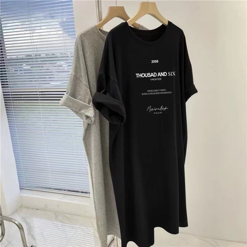 Korean Plus Size Slimming Midi T-Shirt Dress Black - Image 1