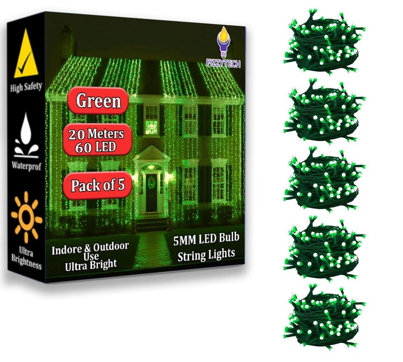 fizzytech 20 Meter 60 LEDs 5MM Decorative String Light | Green LED Fairy Light for Diwali, Christmas, Weddings & Home Decoration | Polycarbonate, Pack of 5 (60 LED 5MM Green, Pack of 5) - Image 1