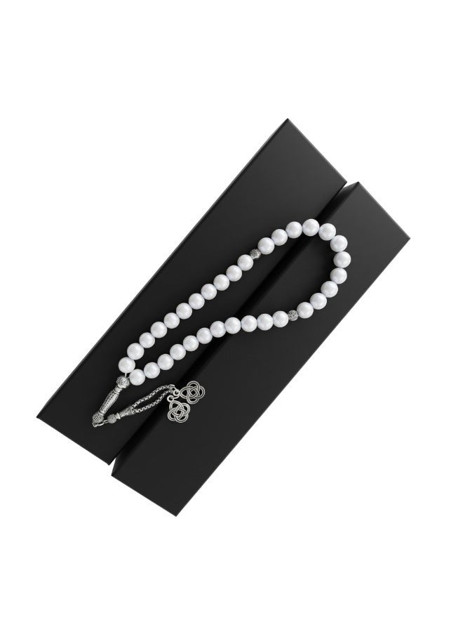 Fabienne Prayer Beads 33 Natural White Stone Jade Tasbih Beads Handmade Islamic Misbaha Rosary Beads 8mm with Box and Metallic Tassel Gift for  Umrah Hajj Ramadan Eid - Image 1