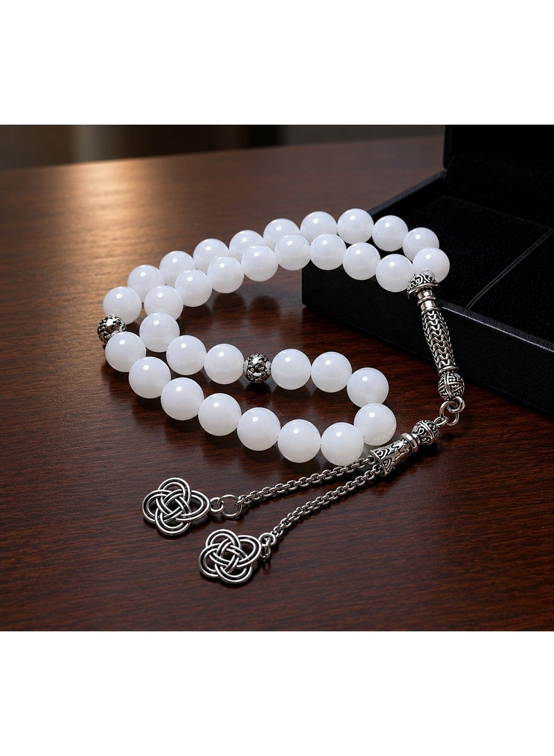 Fabienne Prayer Beads 33 Natural White Stone Jade Tasbih Beads Handmade Islamic Misbaha Rosary Beads 8mm with Box and Metallic Tassel Gift for  Umrah Hajj Ramadan Eid - Image 3