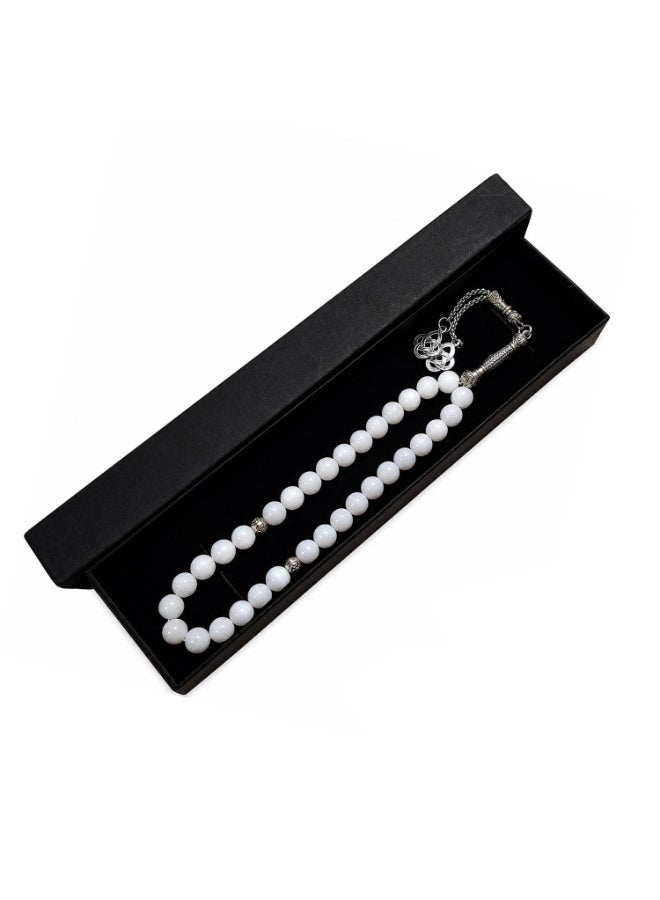 Fabienne Prayer Beads 33 Natural White Stone Jade Tasbih Beads Handmade Islamic Misbaha Rosary Beads 8mm with Box and Metallic Tassel Gift for  Umrah Hajj Ramadan Eid - Image 2