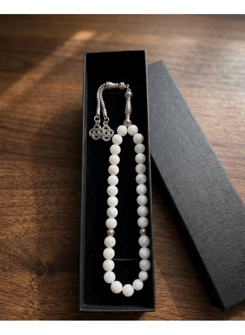 Fabienne Prayer Beads 33 Natural White Stone Jade Tasbih Beads Handmade Islamic Misbaha Rosary Beads 8mm with Box and Metallic Tassel Gift for  Umrah Hajj Ramadan Eid - Image 4