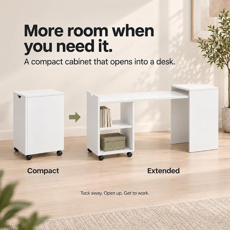 Bentifar Extendable Computer Desk with Storage, 2-in-1 Pull-Out Study Table and Side Cabinet, 2-Tier Rolling Shelf for Small Spaces, Bedroom and Home Office, White - Image 4