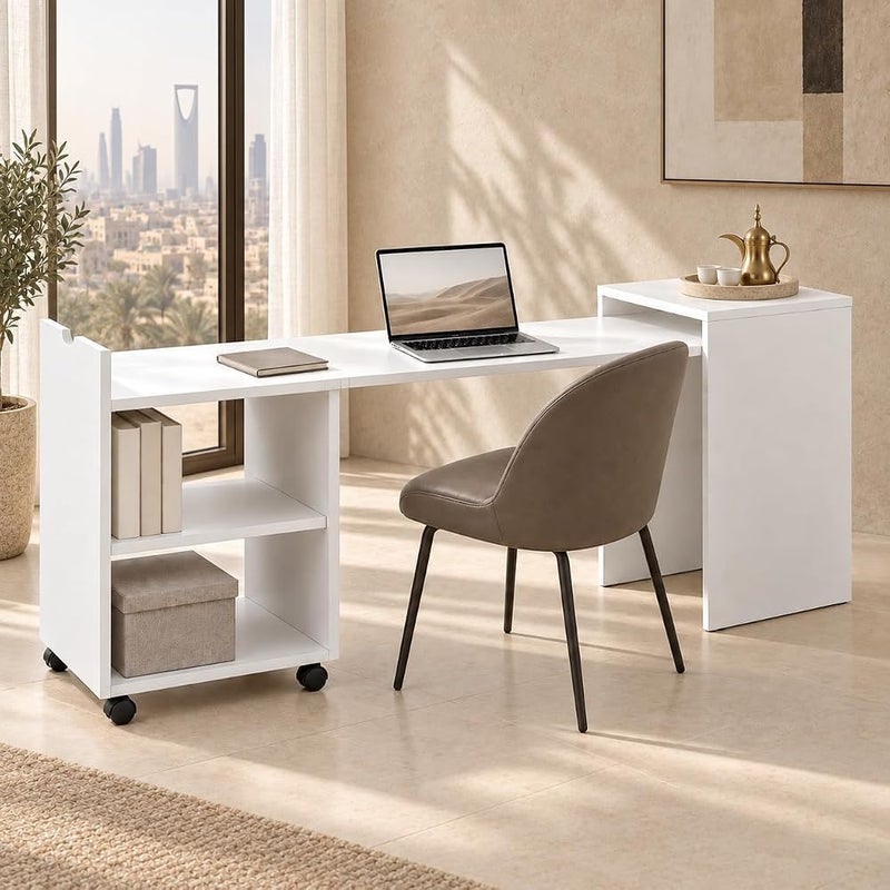 Bentifar Extendable Computer Desk with Storage, 2-in-1 Pull-Out Study Table and Side Cabinet, 2-Tier Rolling Shelf for Small Spaces, Bedroom and Home Office, White - Image 2