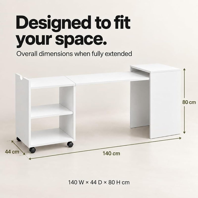 Bentifar Extendable Computer Desk with Storage, 2-in-1 Pull-Out Study Table and Side Cabinet, 2-Tier Rolling Shelf for Small Spaces, Bedroom and Home Office, White - Image 3