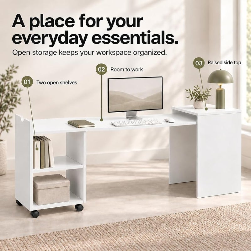 Bentifar Extendable Computer Desk with Storage, 2-in-1 Pull-Out Study Table and Side Cabinet, 2-Tier Rolling Shelf for Small Spaces, Bedroom and Home Office, White - Image 5