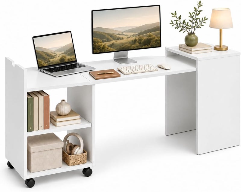 Bentifar Extendable Computer Desk with Storage, 2-in-1 Pull-Out Study Table and Side Cabinet, 2-Tier Rolling Shelf for Small Spaces, Bedroom and Home Office, White - Image 1