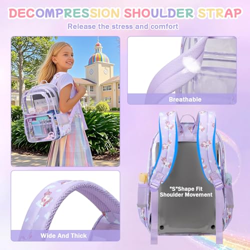Sisipoet Clear Backpack for Girls Heavy Duty PVC Transparent Bookbag for School with Unicorn Print Stadium Events and Concert Backpacks Purple - Image 3