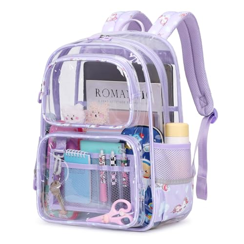 Sisipoet Clear Backpack for Girls Heavy Duty PVC Transparent Bookbag for School with Unicorn Print Stadium Events and Concert Backpacks Purple - Image 1