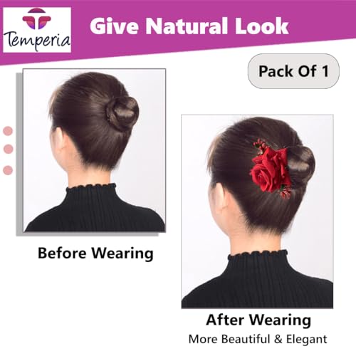 TEMPERIA Hair Accessories For Women & Girls - Stylish Red Rose Artificial Flowers Bun Juda U Pins & Clips for Style & Decoration - Bridal Brooch & Braid for Hairstyle of Bride, Wedding & Party (1pcs) - Image 3