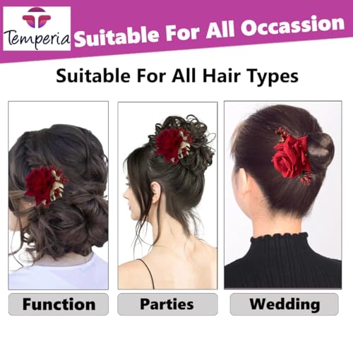 TEMPERIA Hair Accessories For Women & Girls - Stylish Red Rose Artificial Flowers Bun Juda U Pins & Clips for Style & Decoration - Bridal Brooch & Braid for Hairstyle of Bride, Wedding & Party (1pcs) - Image 5