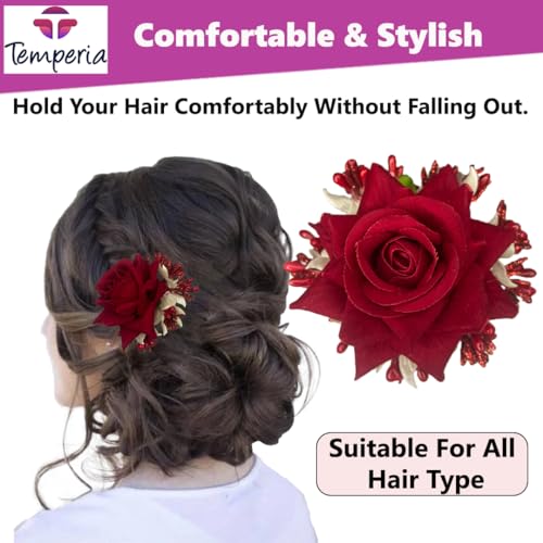 TEMPERIA Hair Accessories For Women & Girls - Stylish Red Rose Artificial Flowers Bun Juda U Pins & Clips for Style & Decoration - Bridal Brooch & Braid for Hairstyle of Bride, Wedding & Party (1pcs) - Image 4
