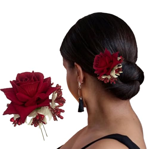 TEMPERIA Hair Accessories For Women & Girls - Stylish Red Rose Artificial Flowers Bun Juda U Pins & Clips for Style & Decoration - Bridal Brooch & Braid for Hairstyle of Bride, Wedding & Party (1pcs) - Image 1