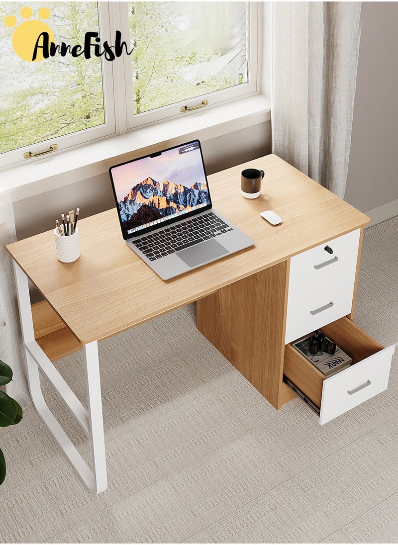 AnneFish 120*60cm Office PC Table Laptop Desk Multifunction Computer Gaming Table Study Writing Desk Home Work Station With Storage Bookshelf And Drawers With Lock  - Image 1