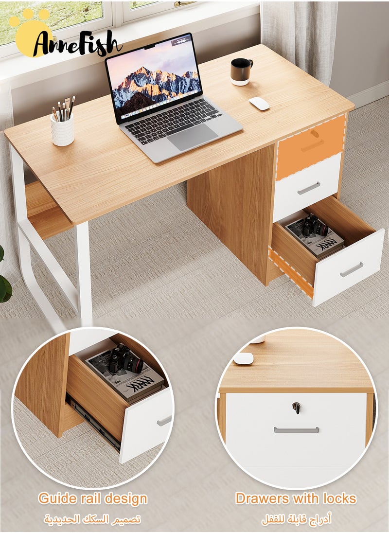 AnneFish - 120*60cm Office PC Table Laptop Desk Multifunction Computer Gaming Table Study Writing Desk Home Work Station With Storage Bookshelf And Drawers With Lock - Image 1