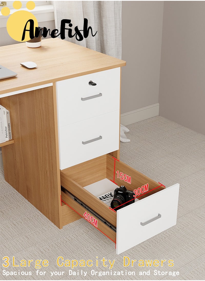 AnneFish - 120*60cm Office PC Table Laptop Desk Multifunction Computer Gaming Table Study Writing Desk Home Work Station With Storage Bookshelf And Drawers With Lock - Image 1