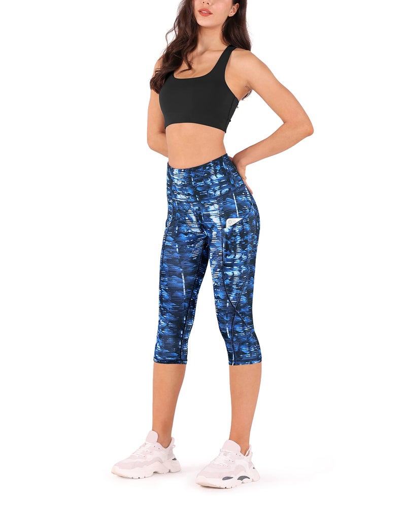 ODODOS Women's High Waisted Pattern Yoga Capri Leggings with Pockets, Tummy Control Non See Through Sports Athletic Workout Running Capris, Indigo, Large - Image 4