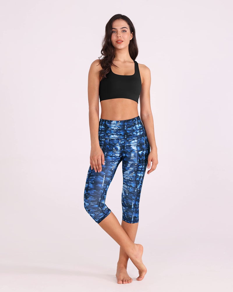 ODODOS Women's High Waisted Pattern Yoga Capri Leggings with Pockets, Tummy Control Non See Through Sports Athletic Workout Running Capris, Indigo, Large - Image 5