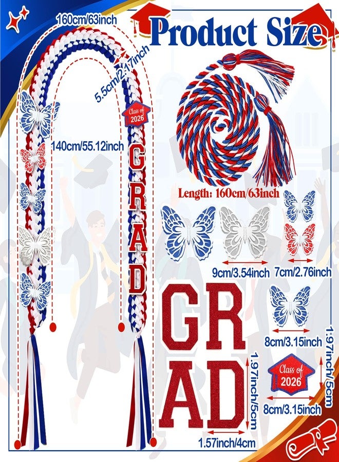 Suncalla 63'' Graduation Lei Set DIY Double Braided Class of 2026 Butterfly Grad Ribbon Leis with Honor Cord for Congrats Senior College Graduates Gifts(American Flag Color) - Image 2