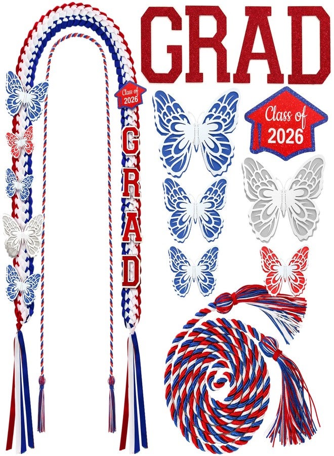 Suncalla 63'' Graduation Lei Set DIY Double Braided Class of 2026 Butterfly Grad Ribbon Leis with Honor Cord for Congrats Senior College Graduates Gifts(American Flag Color) - Image 1