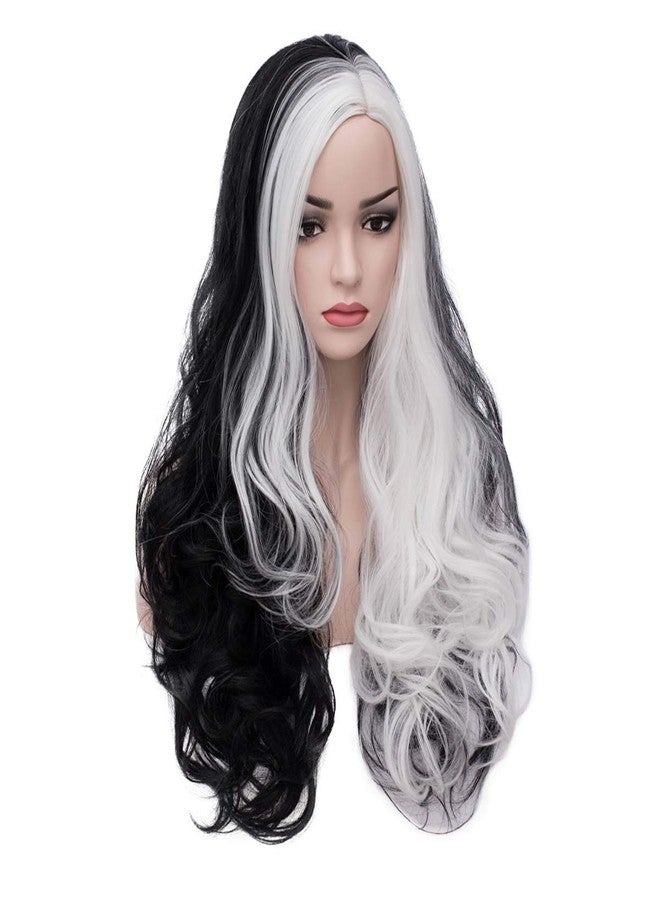 MAGQOO Black White Wig for Women Long Curly Wavy Black White Wig Halloween Cosplay Costume Party Wigs - Image 2