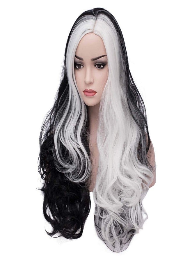 MAGQOO Black White Wig for Women Long Curly Wavy Black White Wig Halloween Cosplay Costume Party Wigs - Image 3