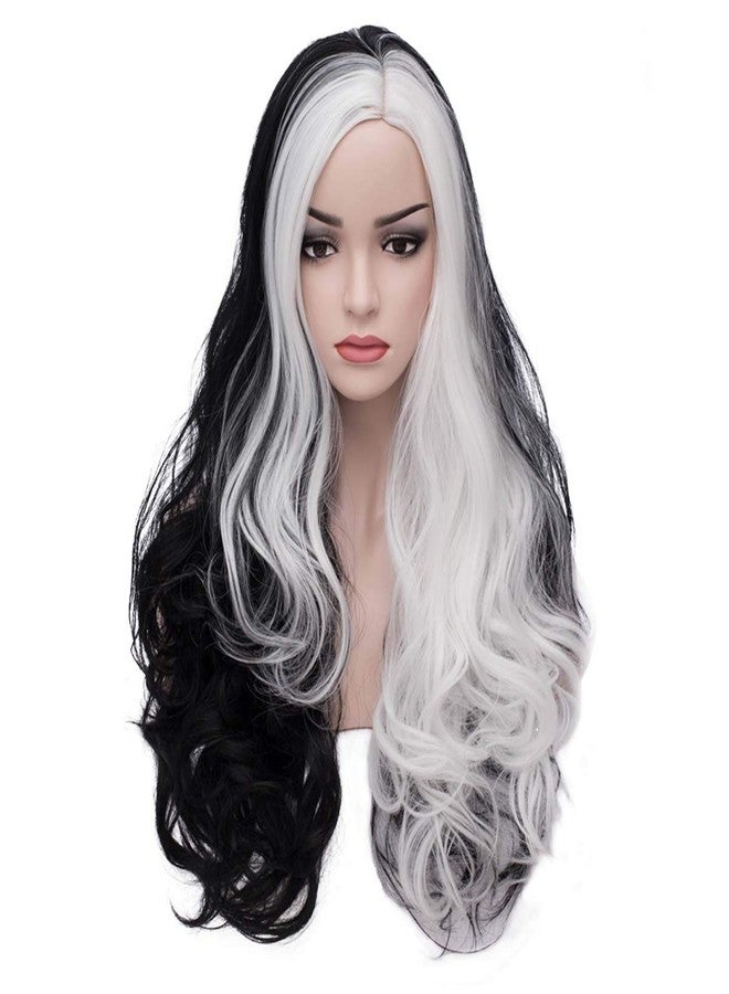 MAGQOO Black White Wig for Women Long Curly Wavy Black White Wig Halloween Cosplay Costume Party Wigs - Image 1