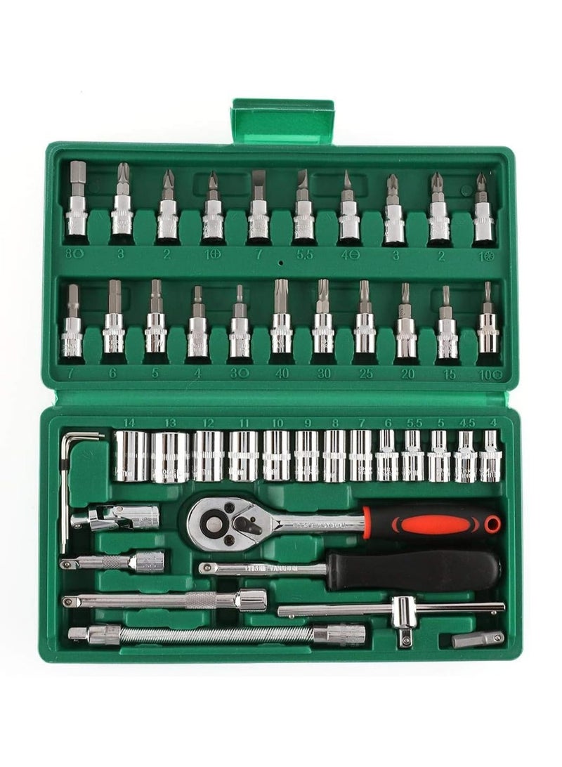 LOOPITYS 46PCS Small Drive Socket Ratchet Wrench Screwdriver Set, 1/4 Inch Metric Socket and Ratchet Wrench Set with Extension Bar, Upgrade Compact Snap on Ratchet Wrench Sockets Tool Set for Car - Image 1