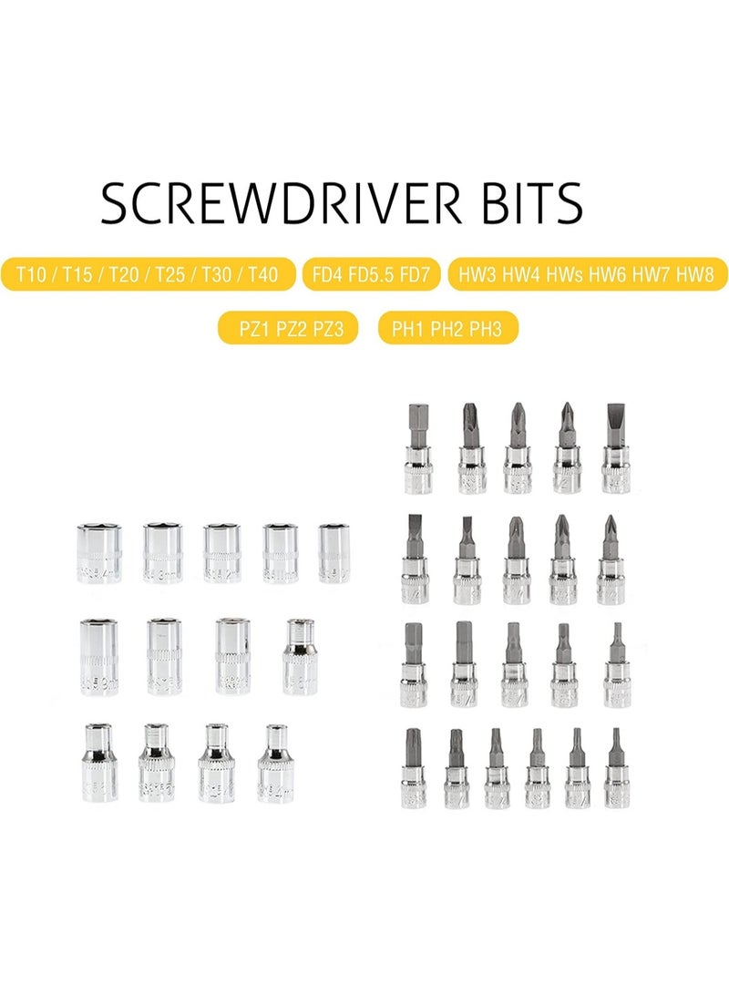 LOOPITYS 46PCS Small Drive Socket Ratchet Wrench Screwdriver Set, 1/4 Inch Metric Socket and Ratchet Wrench Set with Extension Bar, Upgrade Compact Snap on Ratchet Wrench Sockets Tool Set for Car - Image 5