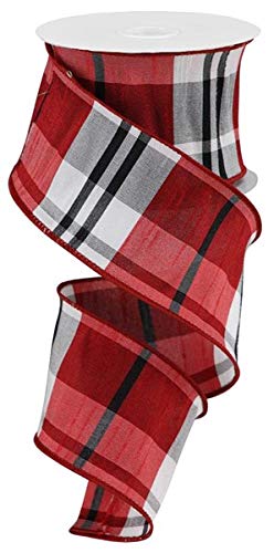 Craig Bachman Plaid Faux Dupioni Wired Edge Ribbon - 2.5 Inch x 10 Yards (Red, White, Black) - Image 1