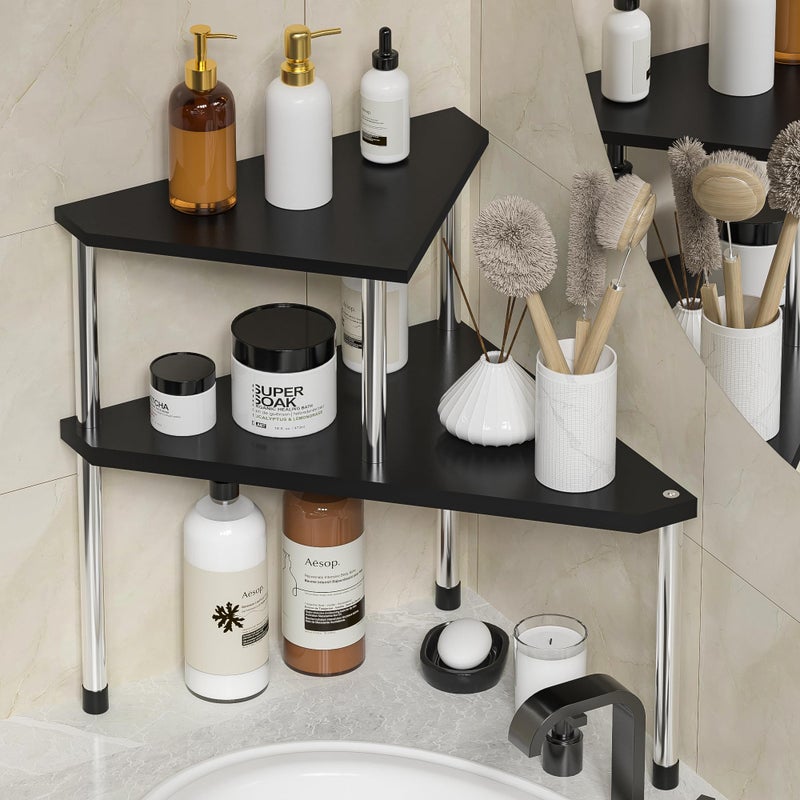 Weenson Bathroom Counter Organizer Over Sink for Toiletries Makeup Kitchen Countertop Organizer Spice Rack for Salt 2Tier Corner Counter Shelf for Coffee Area Storage Dresser TableBlack