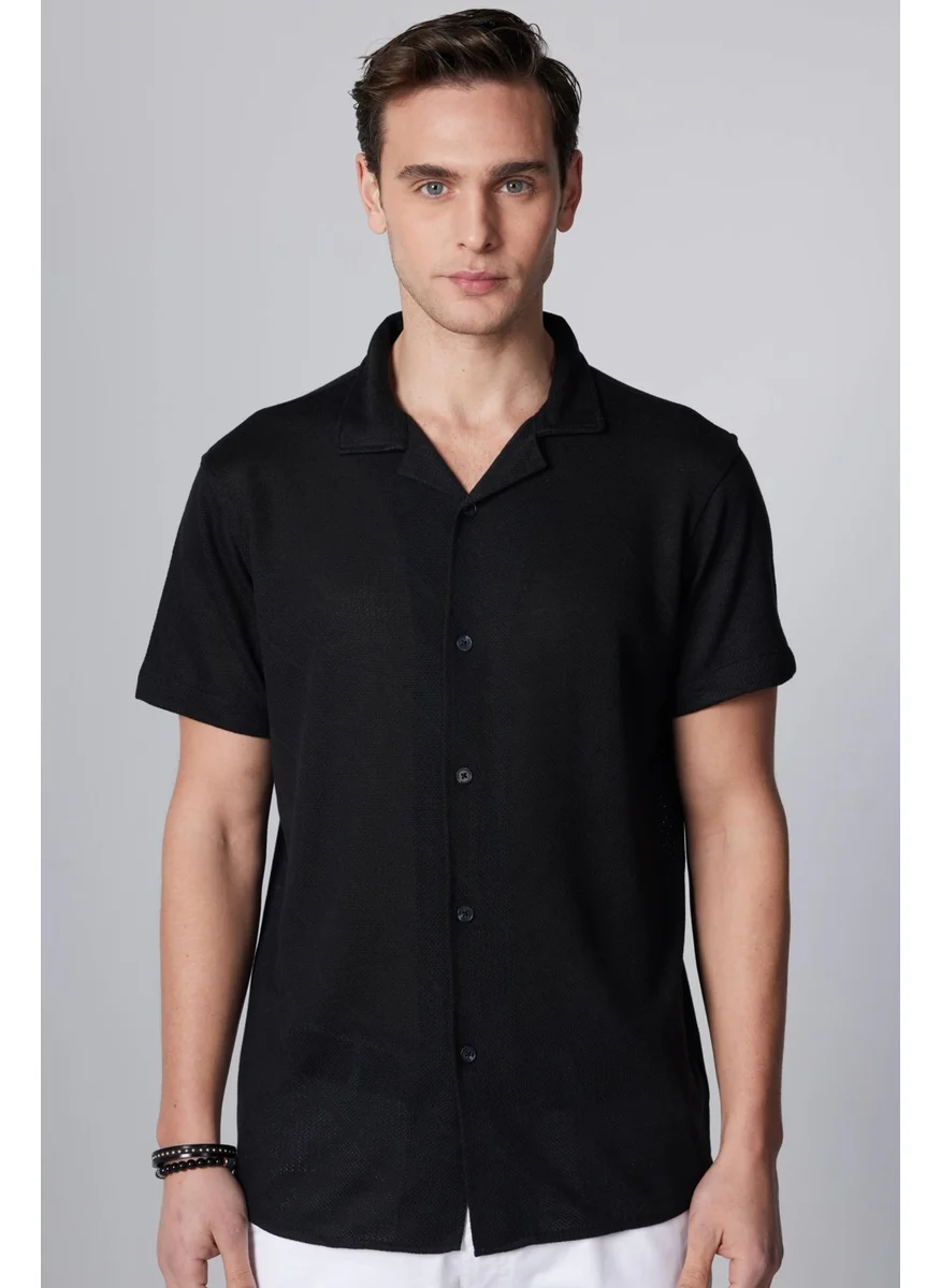 Tudors Slim Fit Slim Fit Short Sleeve Breathable Knitted Texture Square Patterned Open Collar Summer Black Men's Shirt