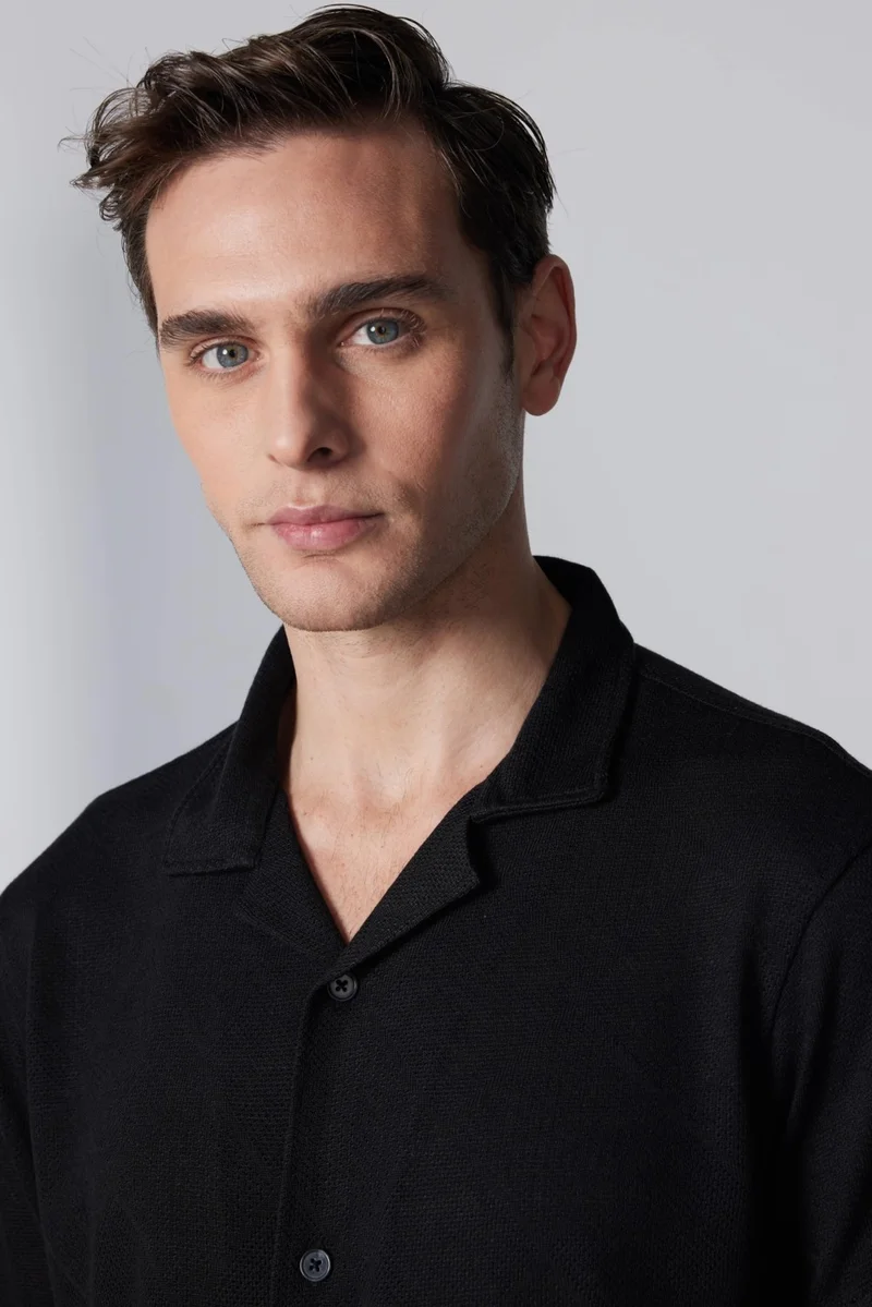 تودورس Slim Fit Slim Fit Short Sleeve Breathable Knitted Texture Square Patterned Open Collar Summer Black Men's Shirt
