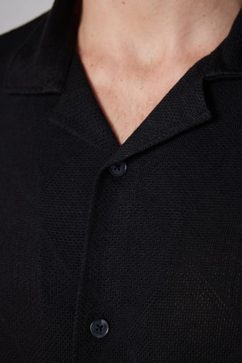 تودورس Slim Fit Slim Fit Short Sleeve Breathable Knitted Texture Square Patterned Open Collar Summer Black Men's Shirt
