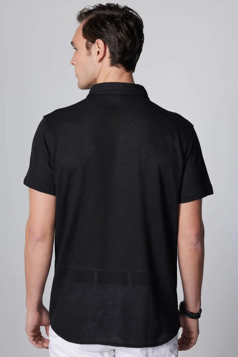 تودورس Slim Fit Slim Fit Short Sleeve Breathable Knitted Texture Square Patterned Open Collar Summer Black Men's Shirt