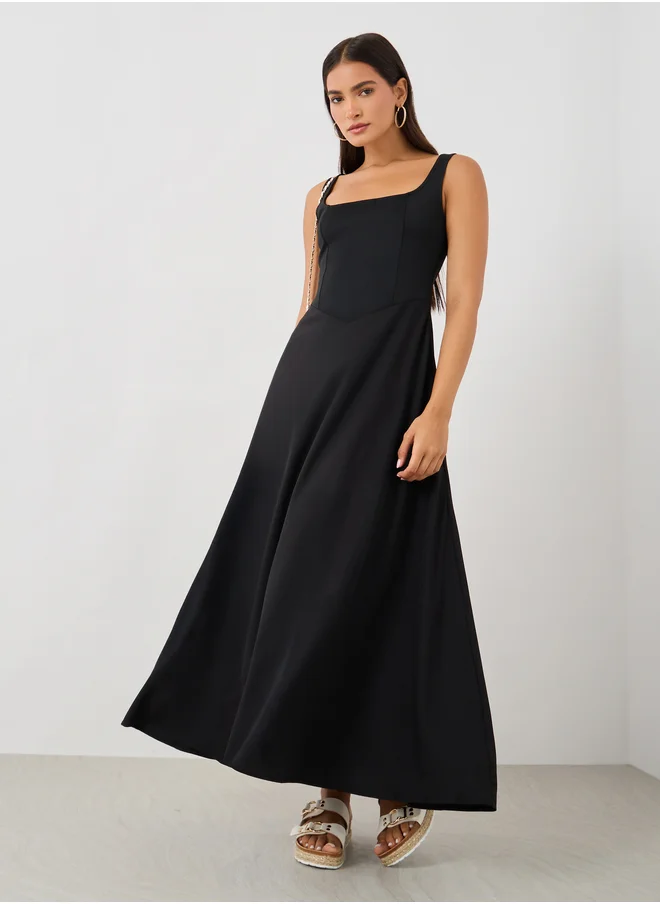 ستايلي Styli Plain Sleeveless A-Line Maxi Dress with Square Neck