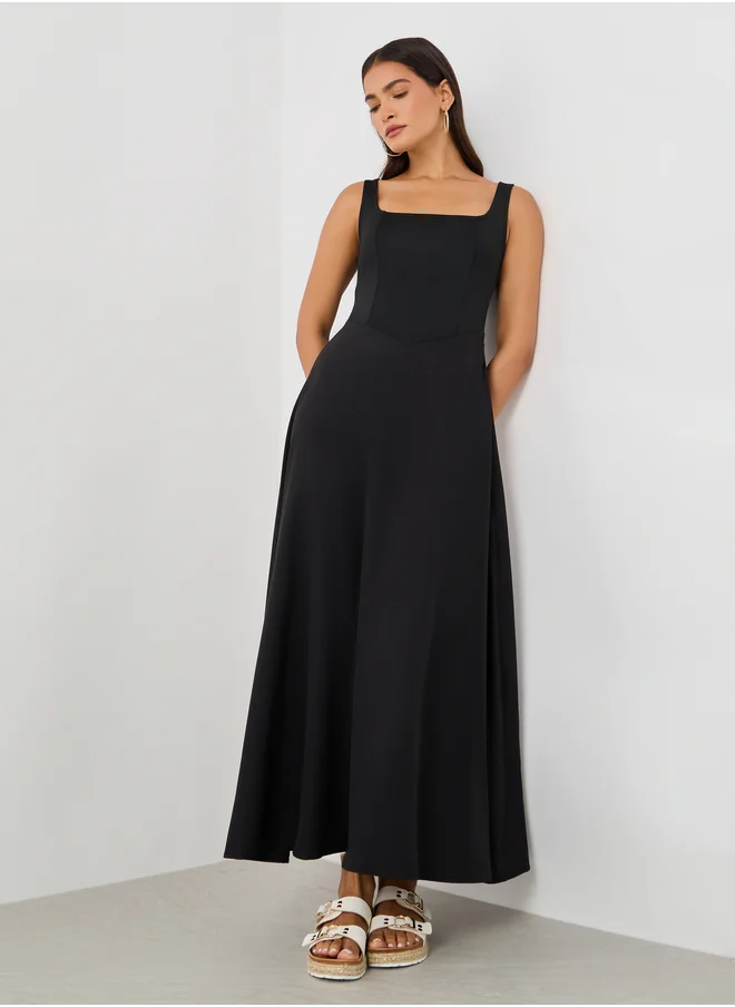 ستايلي Styli Plain Sleeveless A-Line Maxi Dress with Square Neck