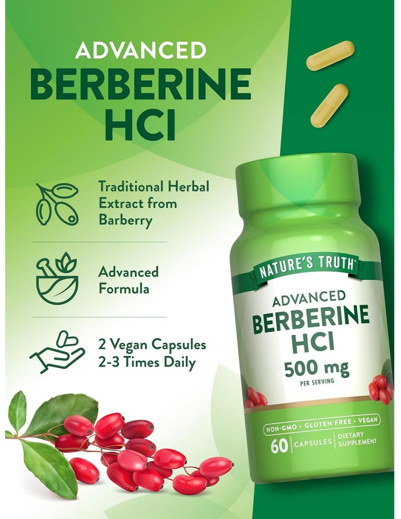 Nature's Truth Advanced Berberine HCl 500mg Capsules – Metabolism & Wellness Support, Non-GMO, Vegan, Gluten Free, 60 Capsules - Image 2