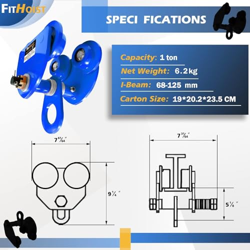 FITHOIST Manually Trolley 1 Ton | 2200LBS Capacity Steel Push Beam Trolley | Adjustable for I-Beam Flange Width 3" to 5" | Plain Trolley Crane with Four Sturdy Wheels - Image 3