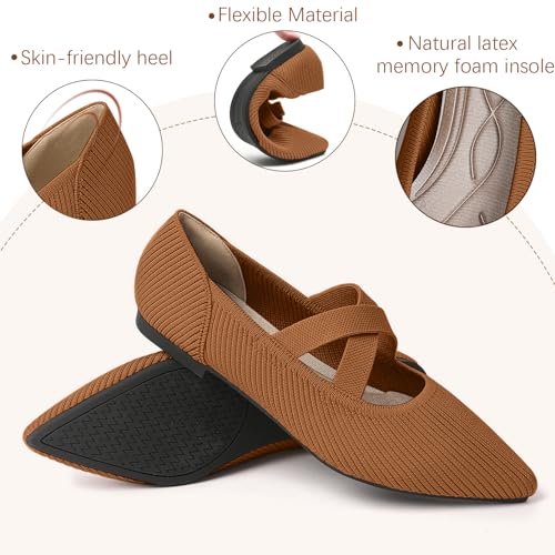 TINGRISE Women's Flats Shoes Pointed Toe Knit Washable Comfortable Dressy Mary Jane Ballet Flat with Strap Brown US7.5 - Image 2