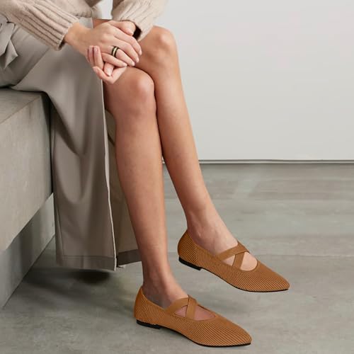 TINGRISE Women's Flats Shoes Pointed Toe Knit Washable Comfortable Dressy Mary Jane Ballet Flat with Strap Brown US7.5 - Image 4