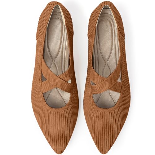 TINGRISE Women's Flats Shoes Pointed Toe Knit Washable Comfortable Dressy Mary Jane Ballet Flat with Strap Brown US7.5 - Image 1