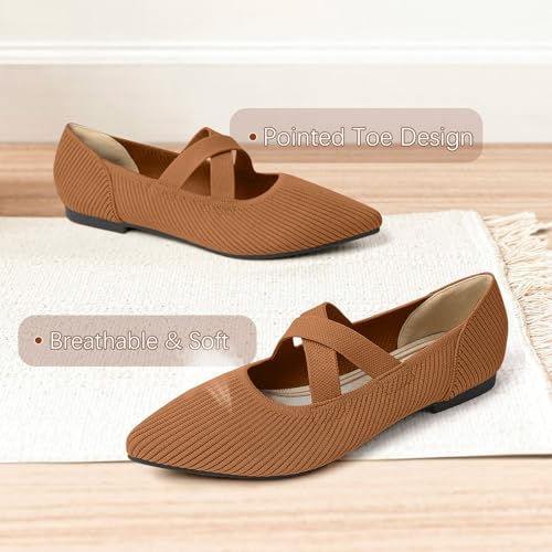 TINGRISE Women's Flats Shoes Pointed Toe Knit Washable Comfortable Dressy Mary Jane Ballet Flat with Strap Brown US7.5 - Image 3